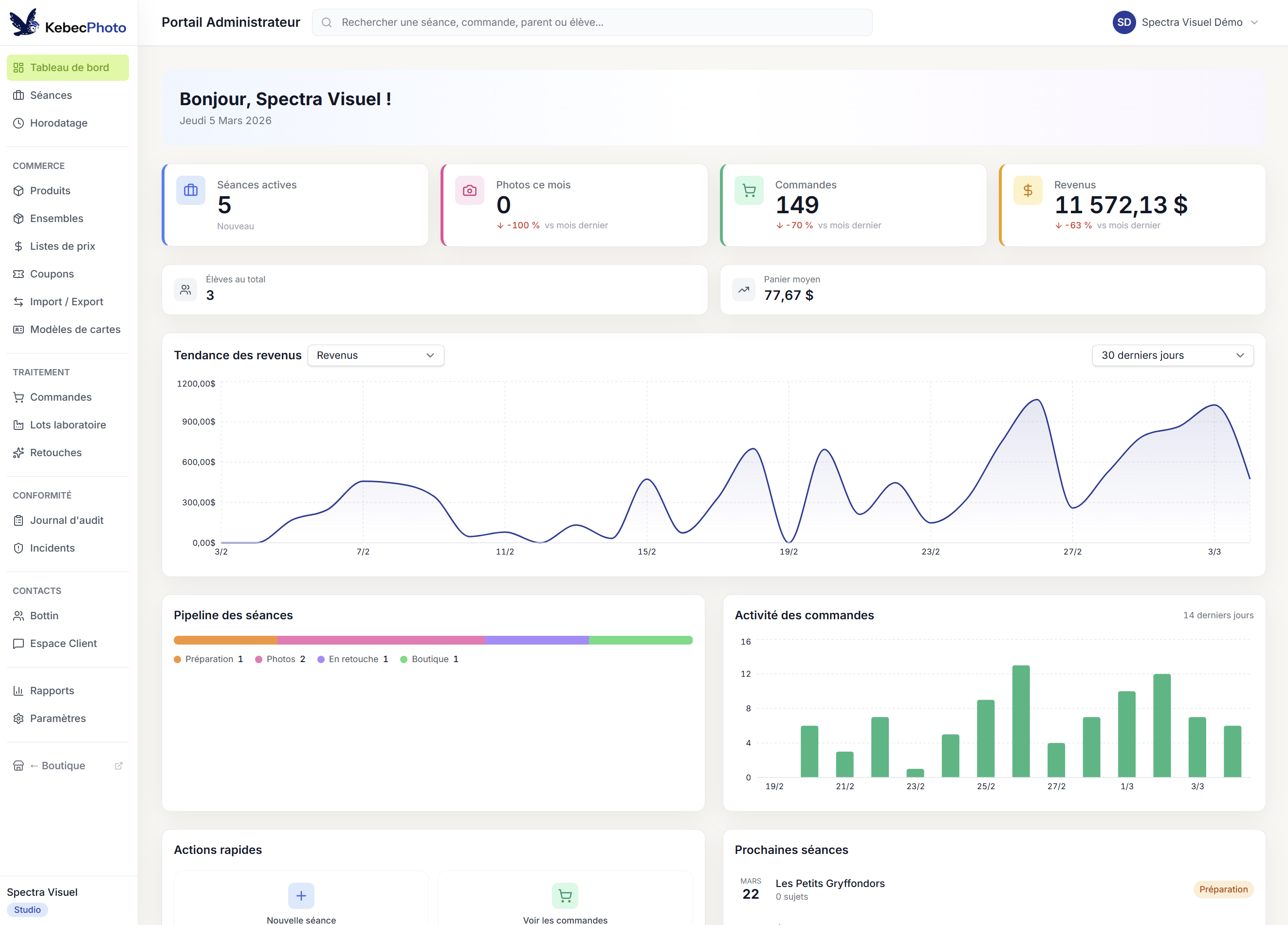 Capture d'écran du tableau de bord KebecPhoto